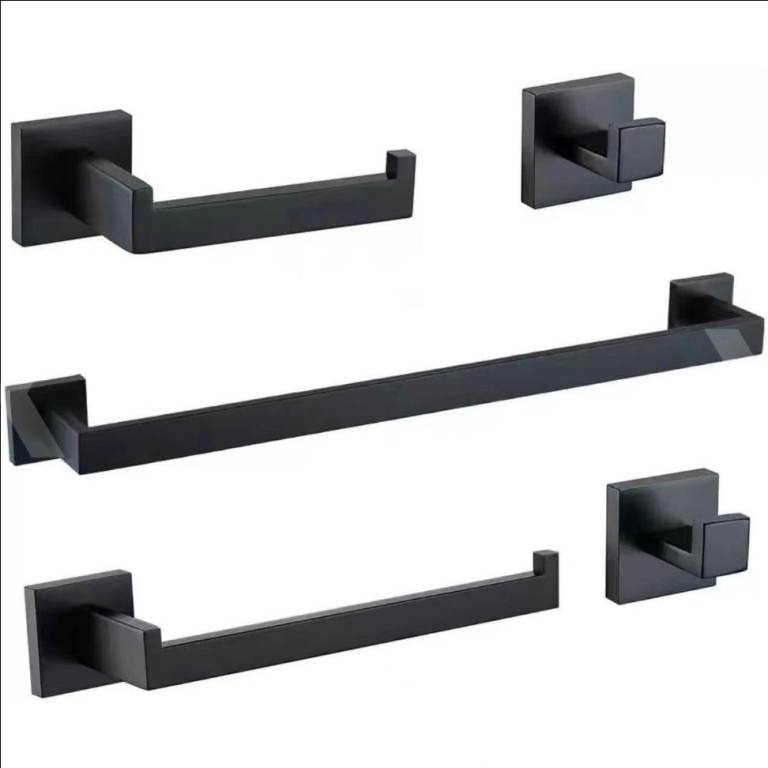 New Black Metal Bathroom Accessory Set – Towel Bar & Hooks