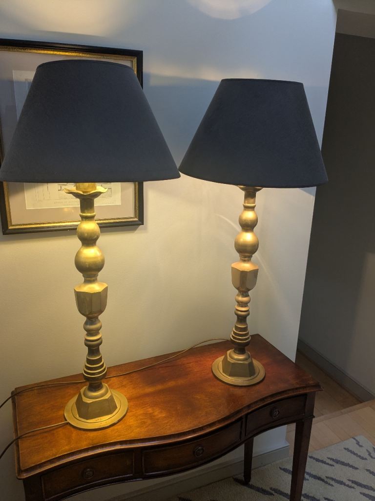Pair of Vintage Brass Table Lamps with Grey Shades