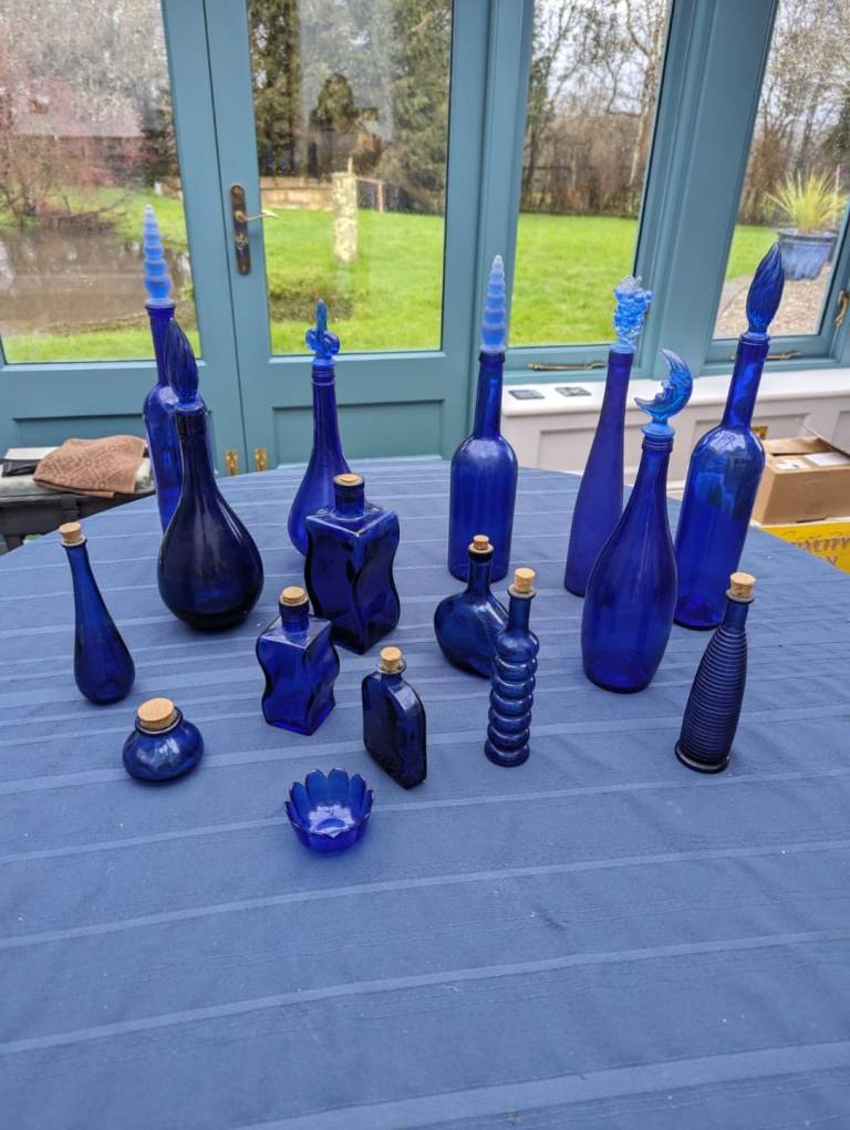 Collection of blue bottles 