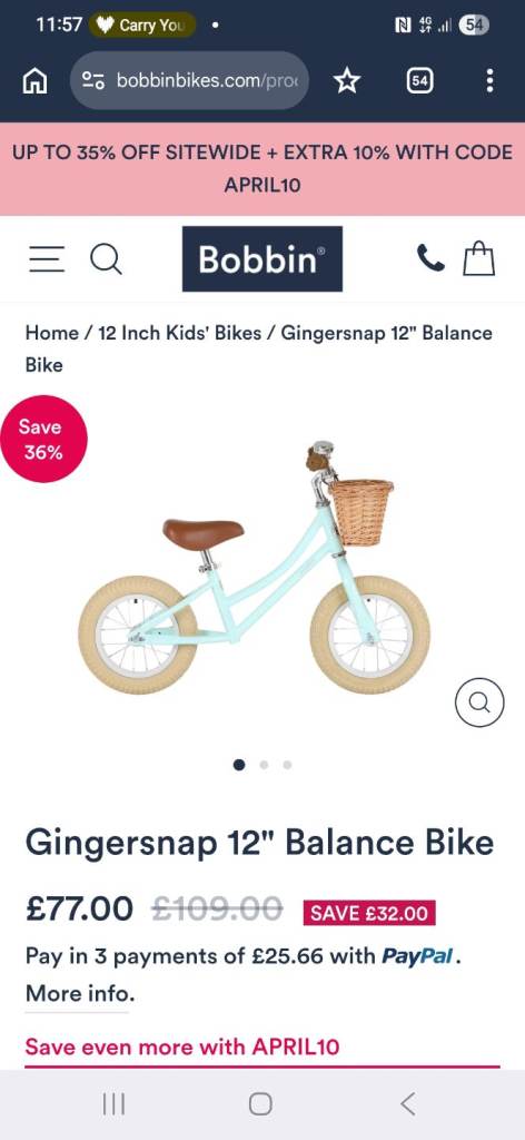 Bobbin gingersnap 12" balance bike, green