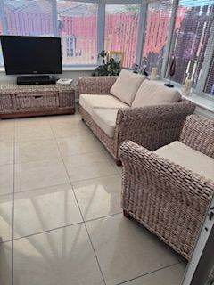Banana Leaf Sofa and Armchair Set with foot stool – Beige Cushions, very good condition