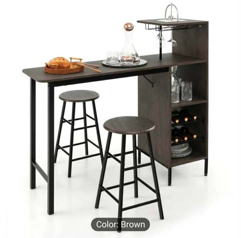 GOFLAME 3PSC Bar Table & 2 Stool industrial kitchen Dining Set W / Wine Rack Glass Holder (Brown)