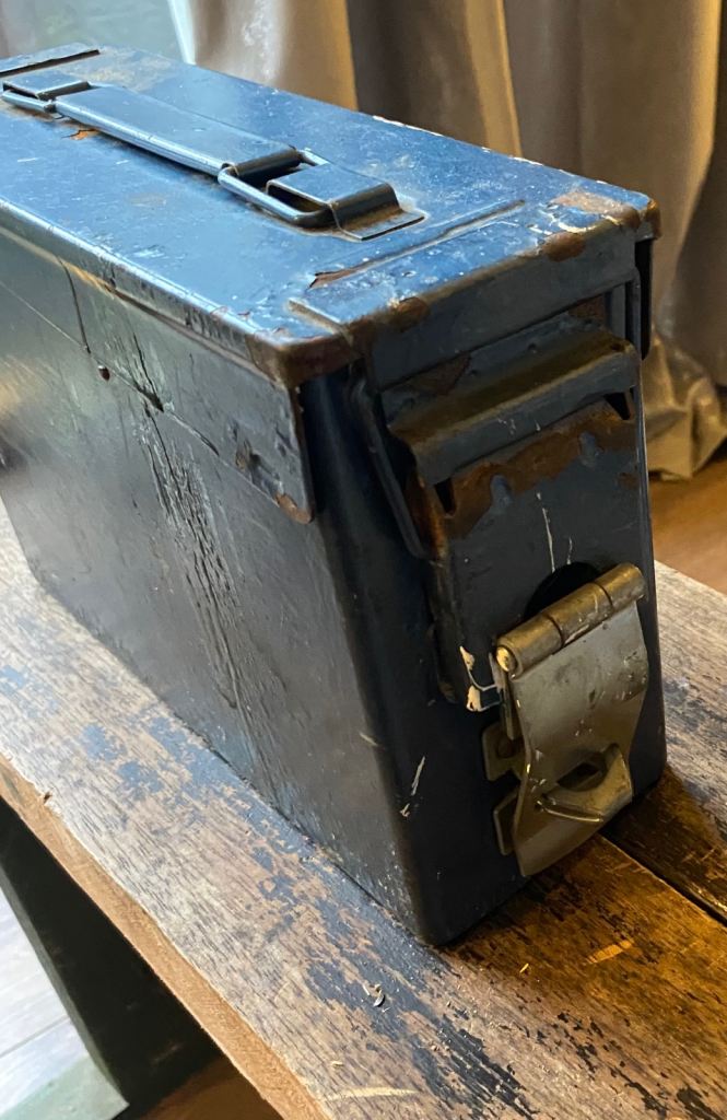 Steel ammunition tin. Vintage retro collectibles storage