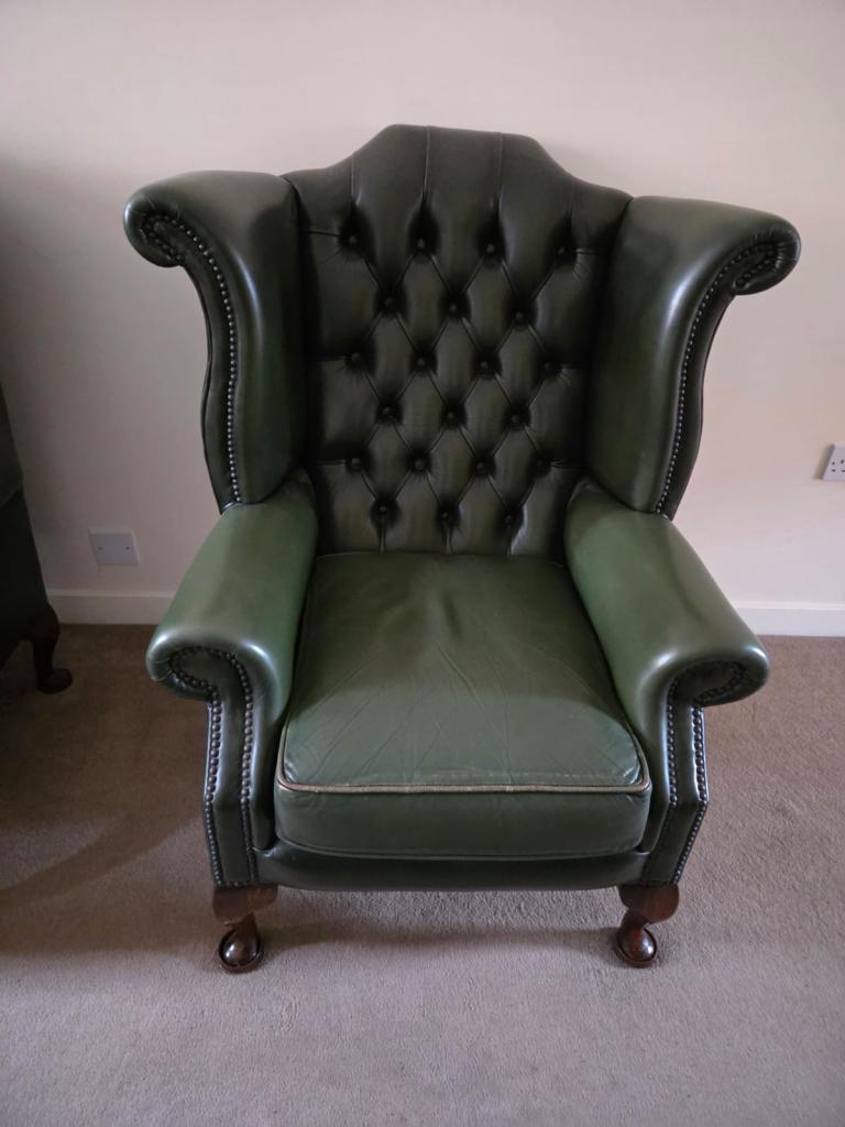 Chesterfield Matching Green Leather Wingback Armchairs & Two-Seater Sofa