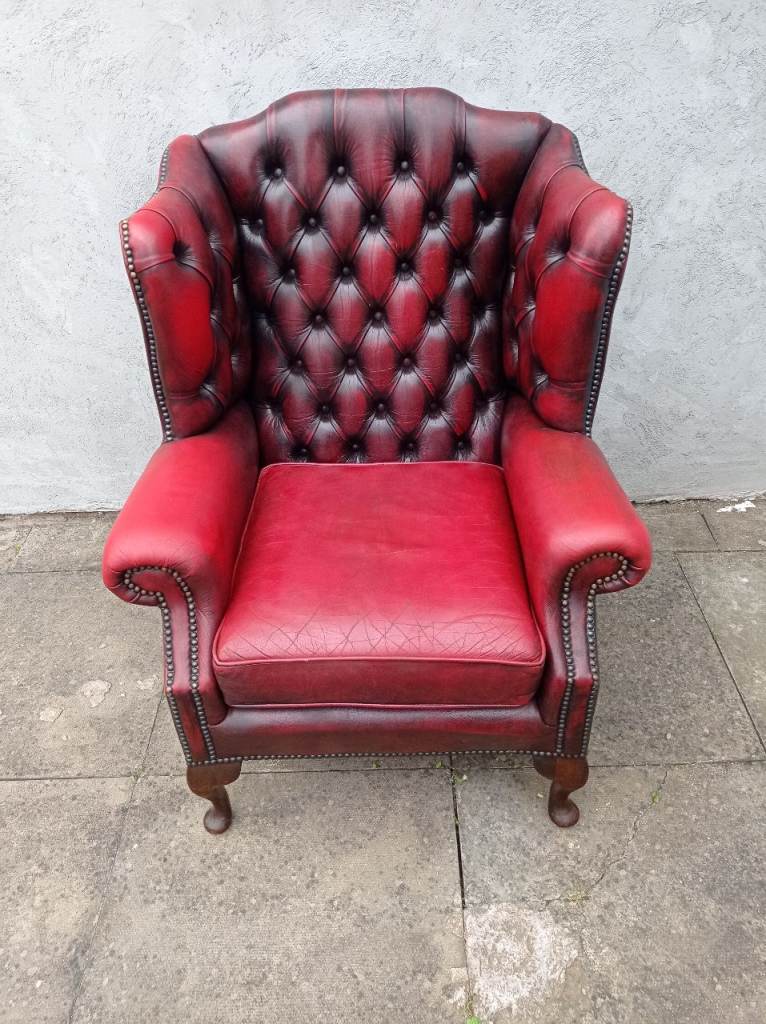 A Red Leather Chesterfield Queen Ann Wing/Armchair 