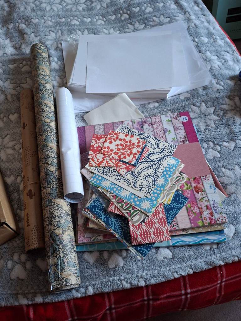 Lots of craft papers, accessories for book binding and an unused kit.