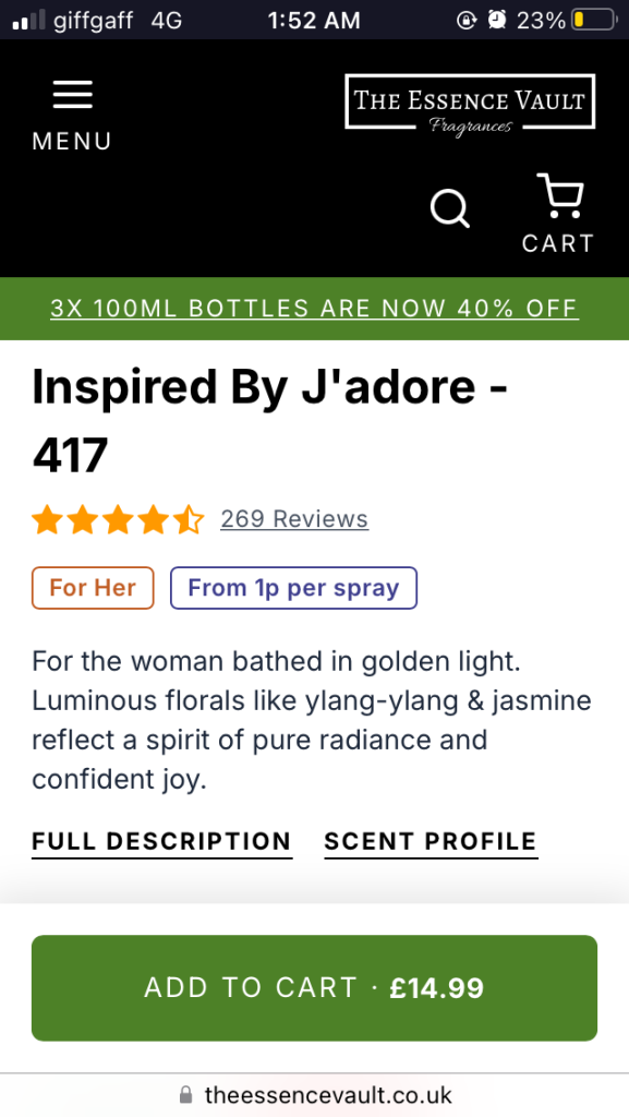 The essense vault jadore perfume