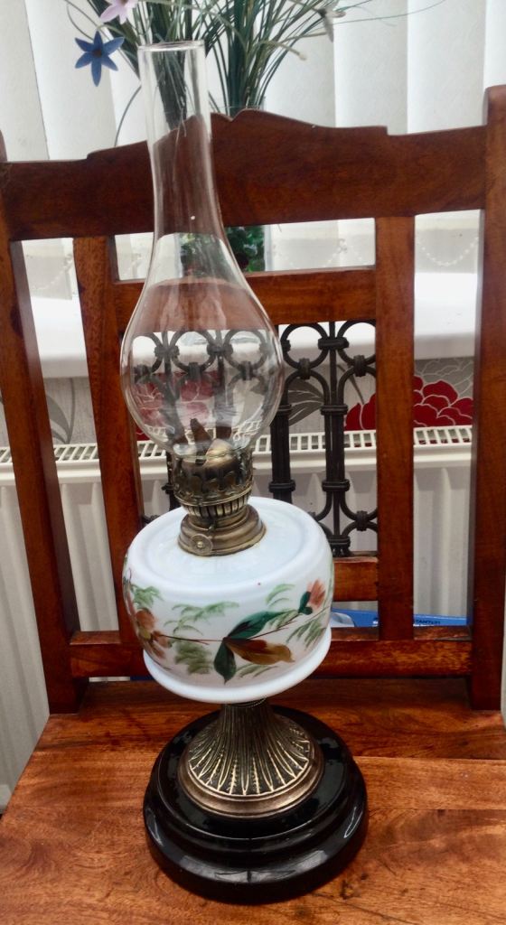  Antique Brass & Hand Painted Ceramic Single Burner Oil Lamp with Glass Funnel