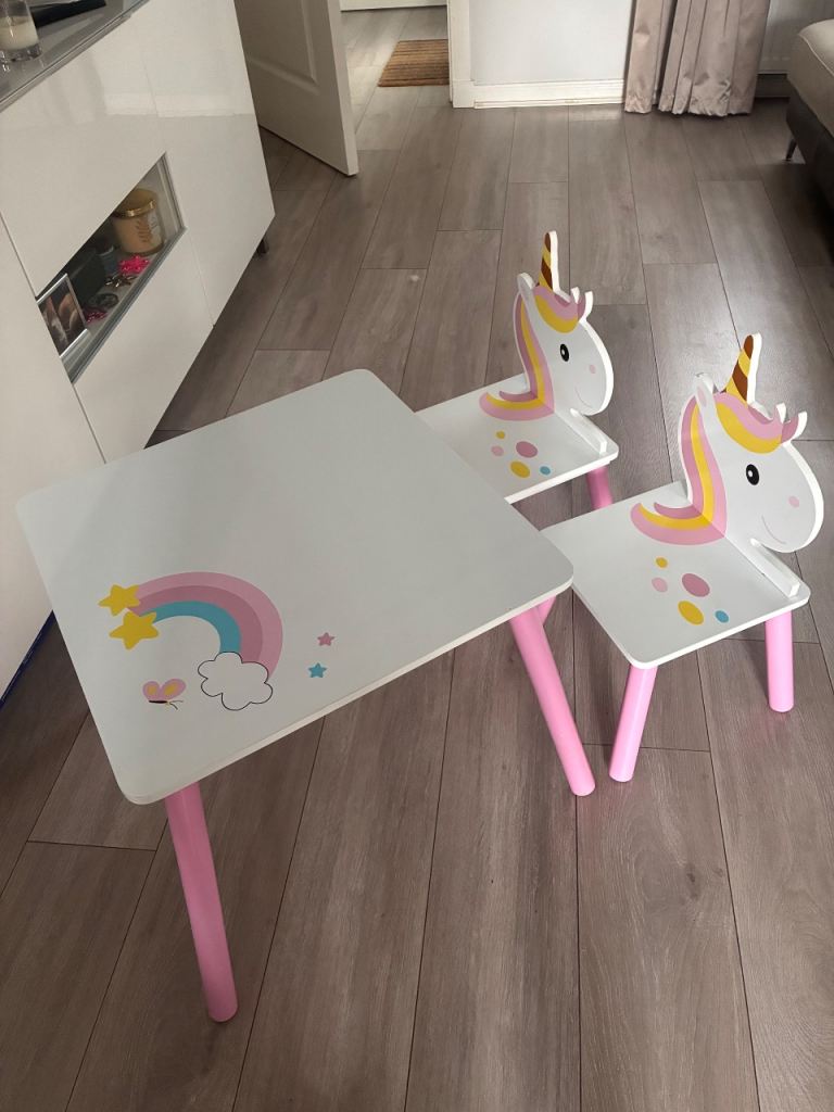 Kids Unicorn Table and Chairs Set – White & Pink, Good Condition