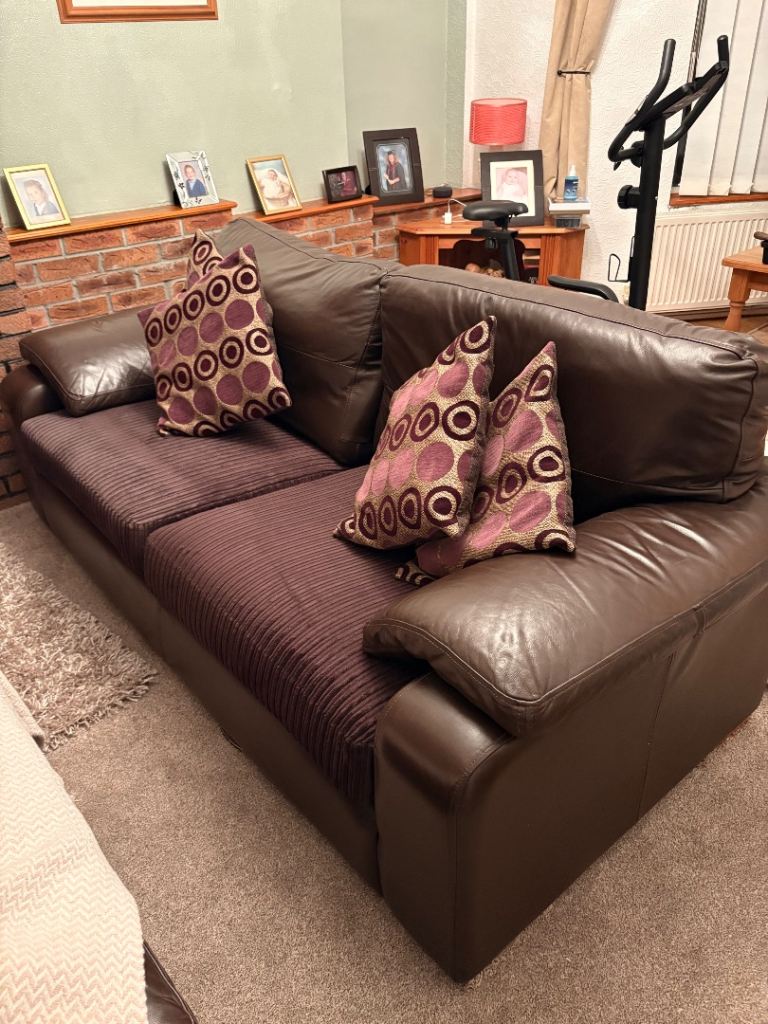 Brown sofa x2 and 1 chair with Cushions 