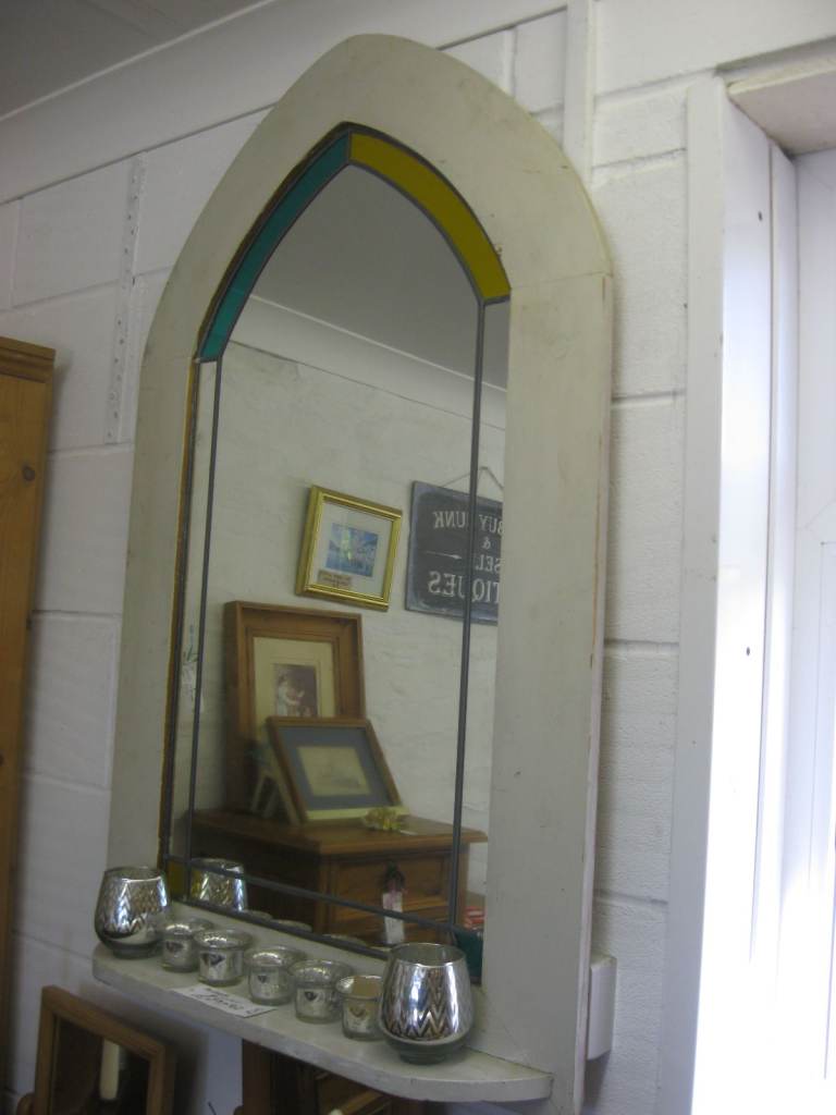 LARGE PAINTED GREY ARCHED WALL MIRROR. INNER 2 TONE LEADED BORDER. VIEWING - DELIVERY POSS