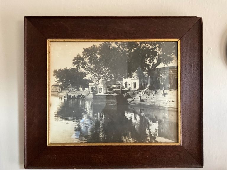 Vintage Wooden Framed Black And White Picture Of A Temple On The River Ganges In India 