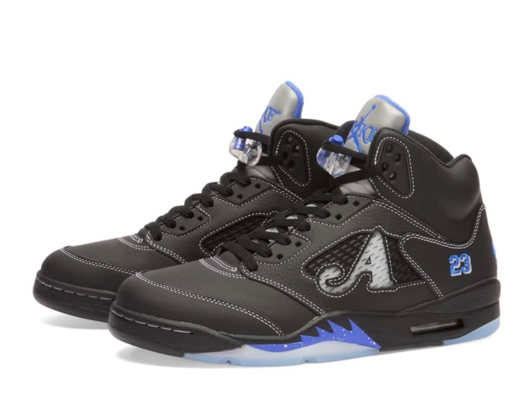 Air jordan x awake 5 retro sneaker black,racer blue and metallic silver uk8 