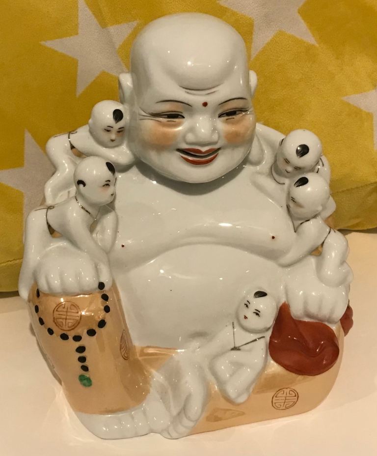 REDUCED! Vintage 20cm porcelain smiling Buddha with 5 babies. VGC.