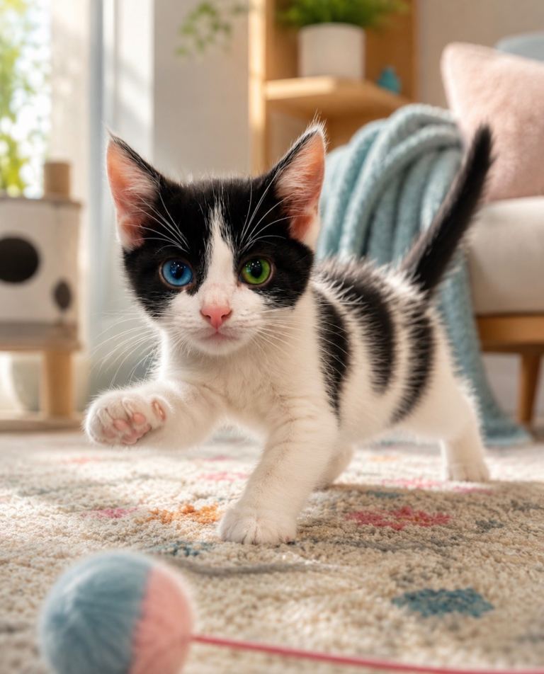 Beautiful Black & White Kitten – One Blue Eye / One Green Eye