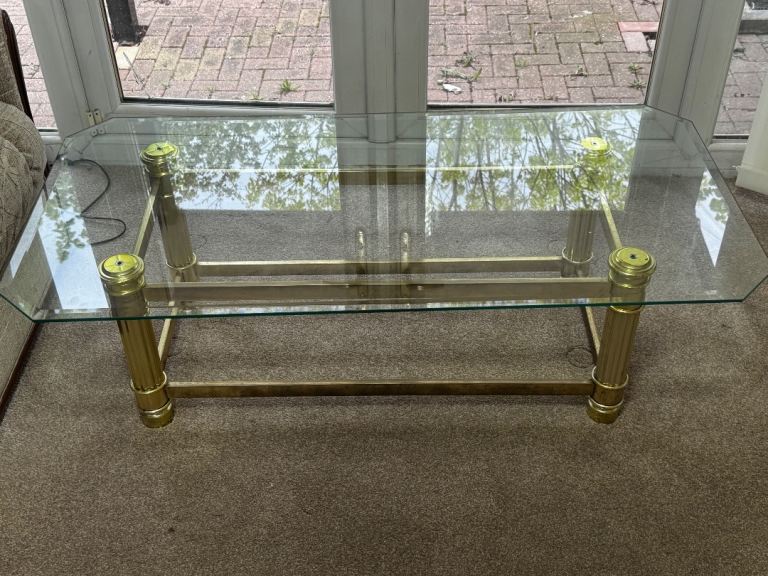 Vintage Brass & Glass Coffee Table – Hollywood Regency Style