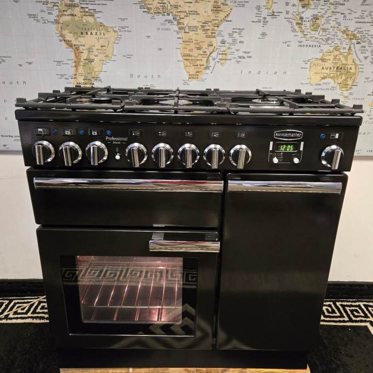 Rangemaster Professional Deluxe Dual Fuel Range Cooker in Black and Chrome 90cm 