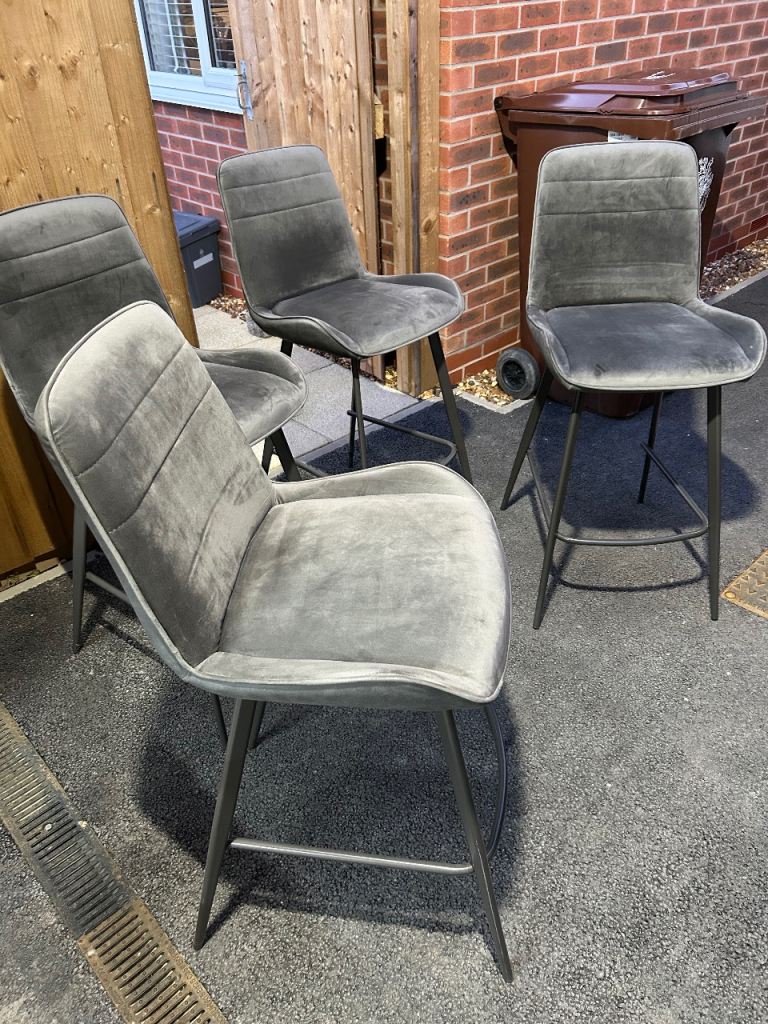 Set of 4 Grey Velvet Bar Stools 