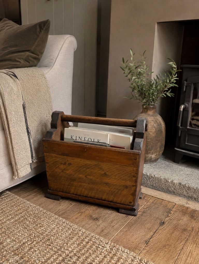 Handmade Wooden Storage Basket with Handle – Good Condition