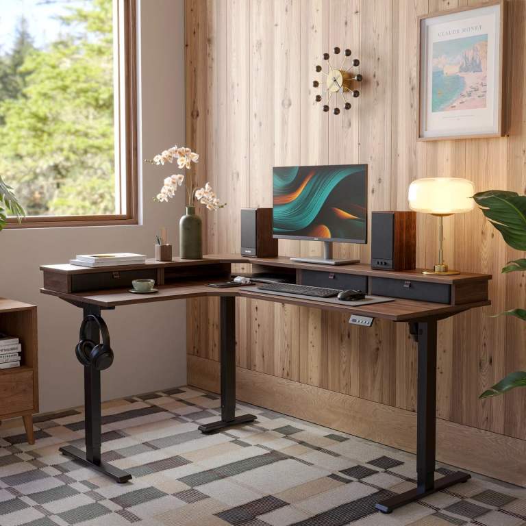 Fezibo Standup Desk - Reversible L-shaped with Upper Drawer + triple motor