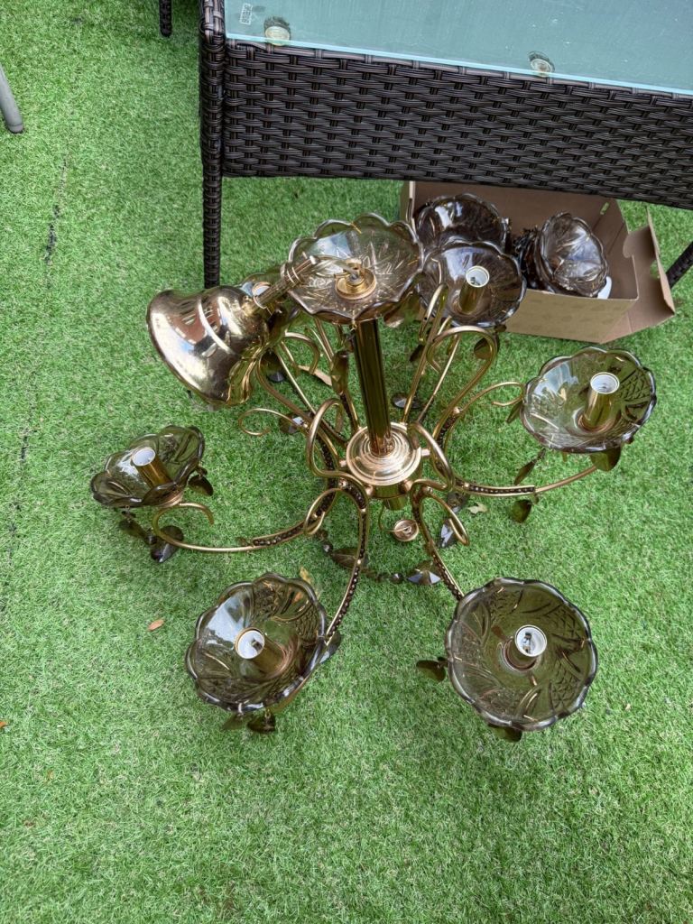 Brass Chandelier with 6 Lights and Glass Shades