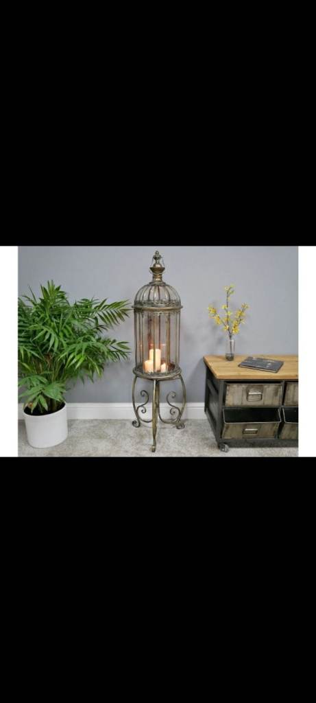 Extra Large Antique Style Rustic Gold Candle Lantern on a Stand