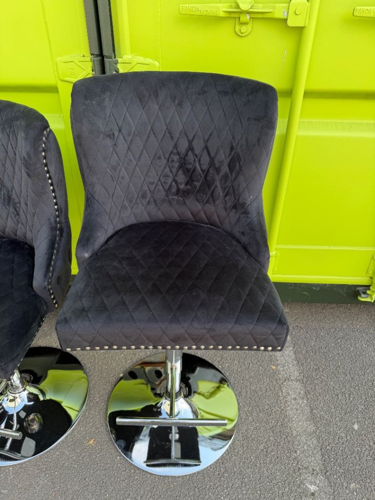 Set of 6 Quilted Velvet Bar Stools - Black with Chrome Bases