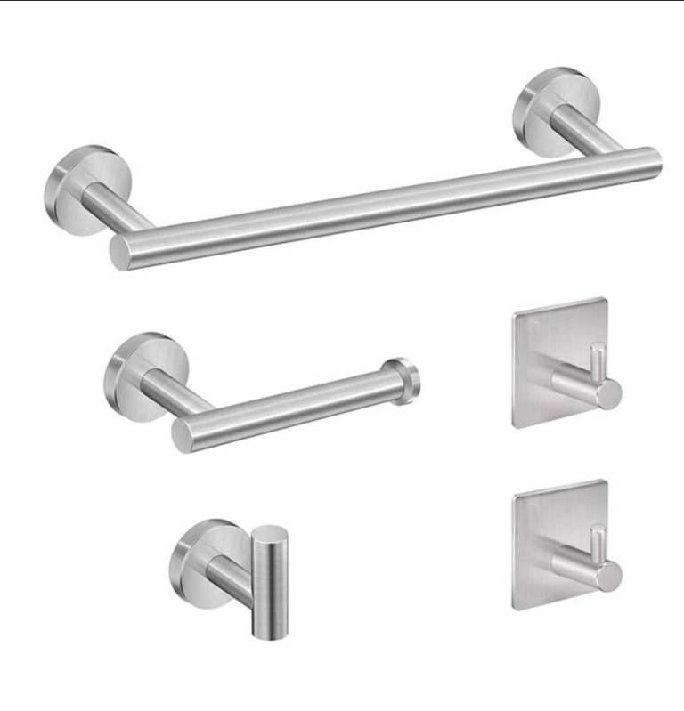 New Stainless Steel Bathroom Accessories Set – Towel Rail, Paper Holder, Hooks