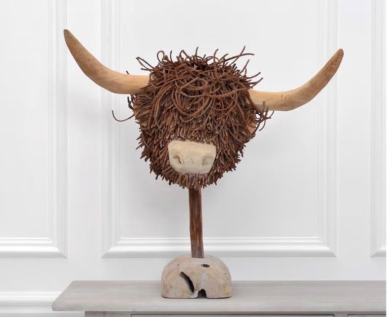 Unique Highland Cow Head Sculpture - Wood & Twig Decor