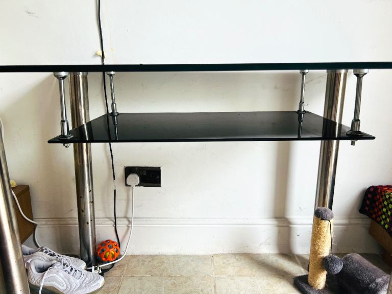 Title: Free — Black Glass & Chrome Console Table — Modern & Striking