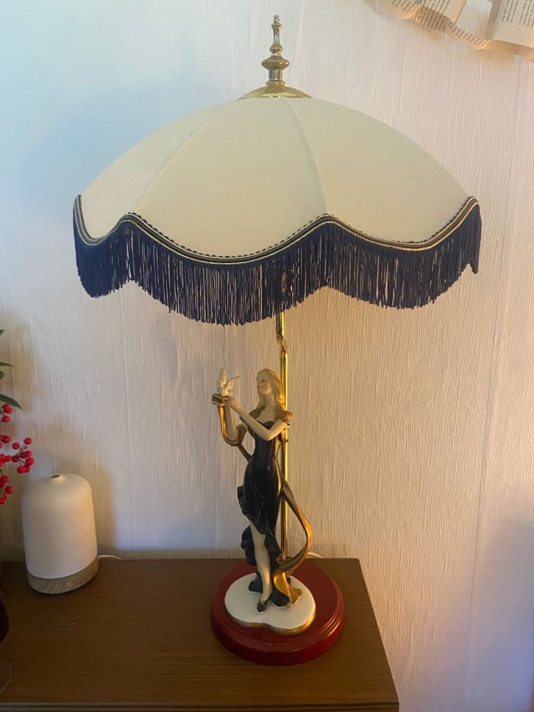 Vintage Art Deco Style Figurine Table Lamp with Fringed Shade