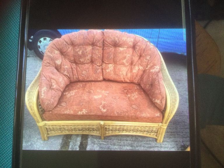 Sofa and 2 chairs, cane with orange padded cushions