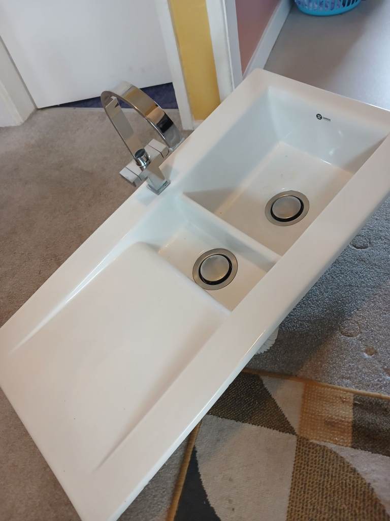 Carron Phoenix Double Kitchen Sink with Mixer Tap – White, Good Condition