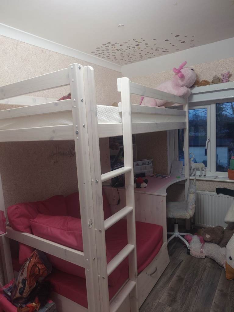 Lovely solid wooden high sleeper cabin bed in a whitewashed finish.