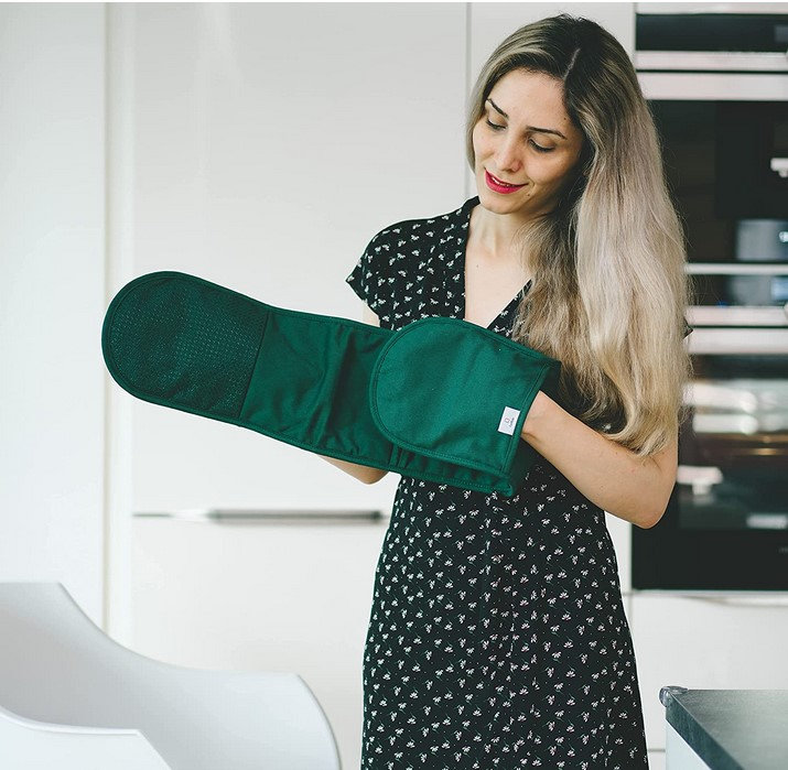 Oven double kitchen gloves in green, soft, high insulating, very quality