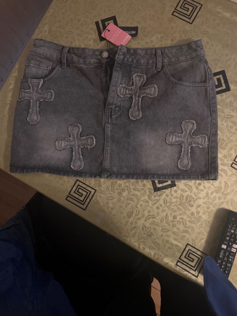 PrettyLittleThing Black Washed Denim Cross Mini Skirt UK 10 Y2K Festival