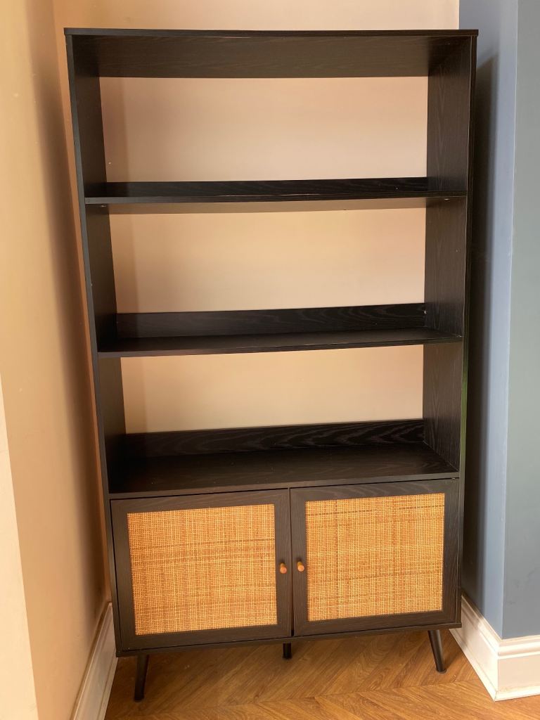 Black rattan bookcase storage shelving - alcove cupboard (1 of 2 available!)