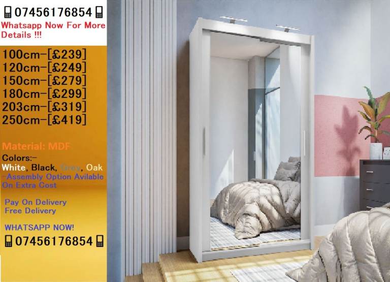 Massive Clearance Sale!! New Chicago Wardrobe With Sliding Mirror 2/3 Doors!!