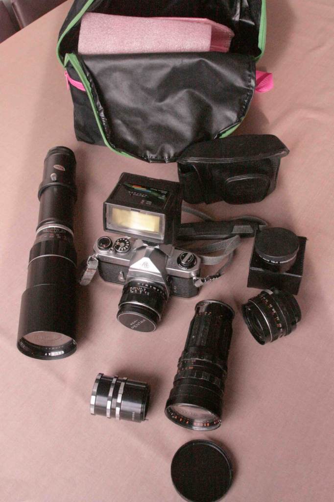 Pentax Spotmatic film camera with 50mm standard lens and accessories.  Also a Zenith E film camera.