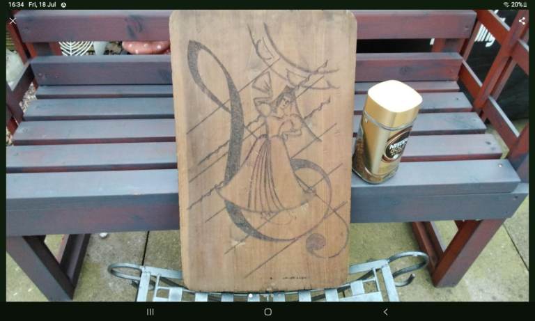 Vintage poker work folk art dancing lady wooden plaque 