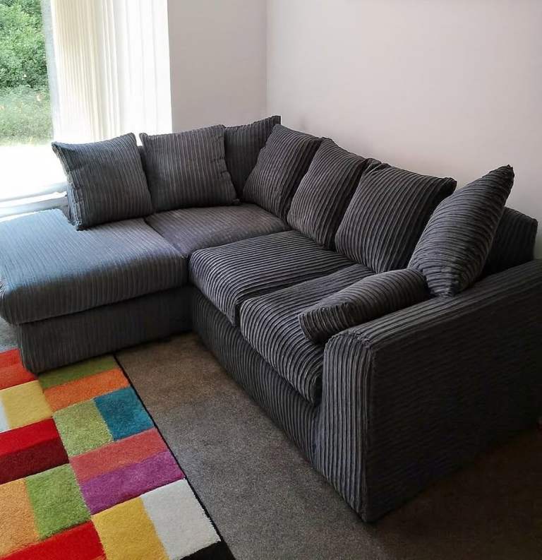 New Grey Corduroy Corner Sofa & Matching Footstool