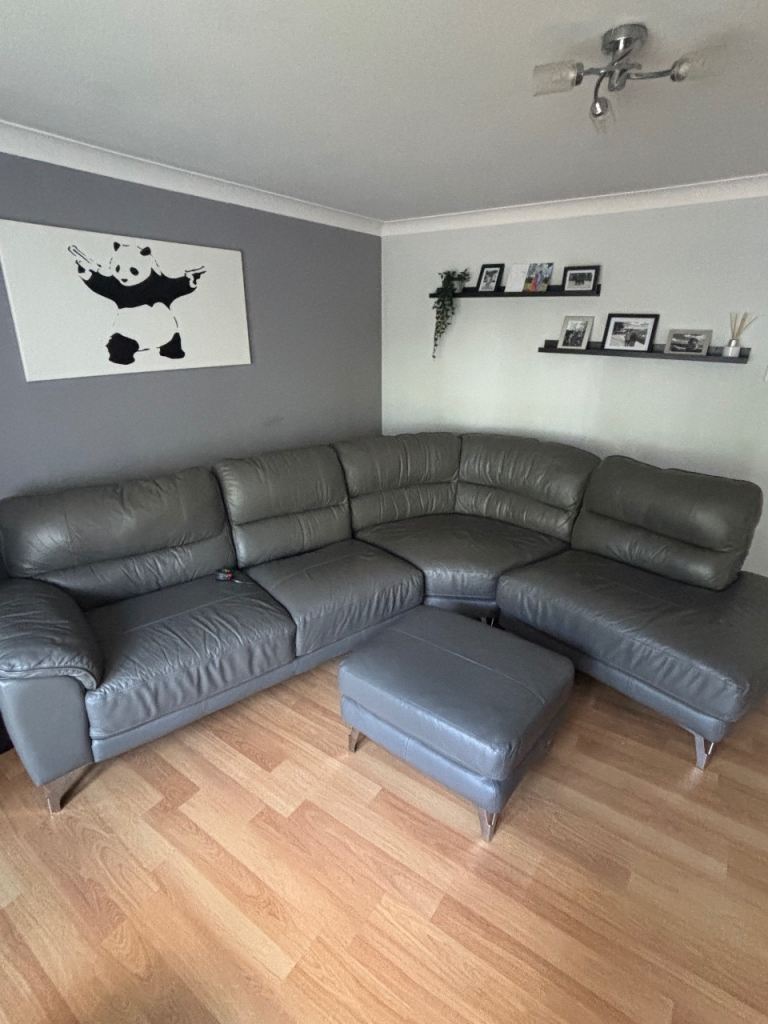 Grey Leather L shape couch + foot stool