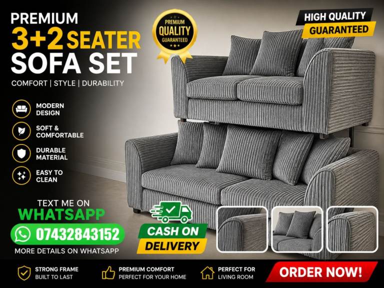 Brand New Cord Sofas – 3+2 Seater & Corner Set, Must Go ASAP