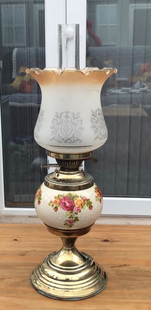Antique Brass & Ceramic Oil Lamp with Glass Shade & Funnel