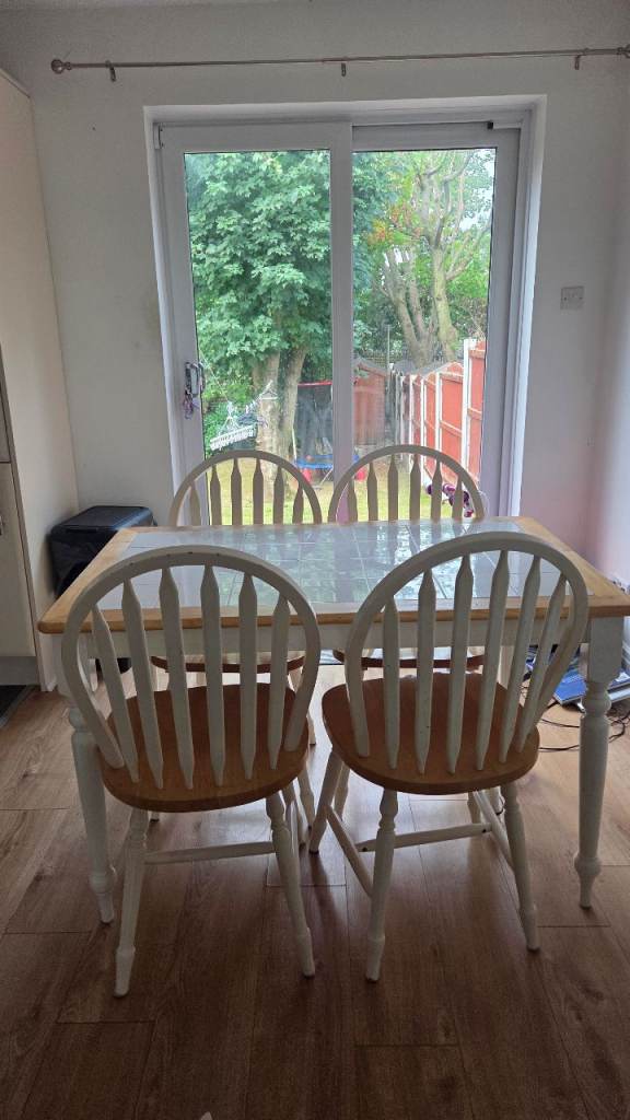 SOLD - Wooden Dining Table with Tile Top and 4 Chairs – Good Condition