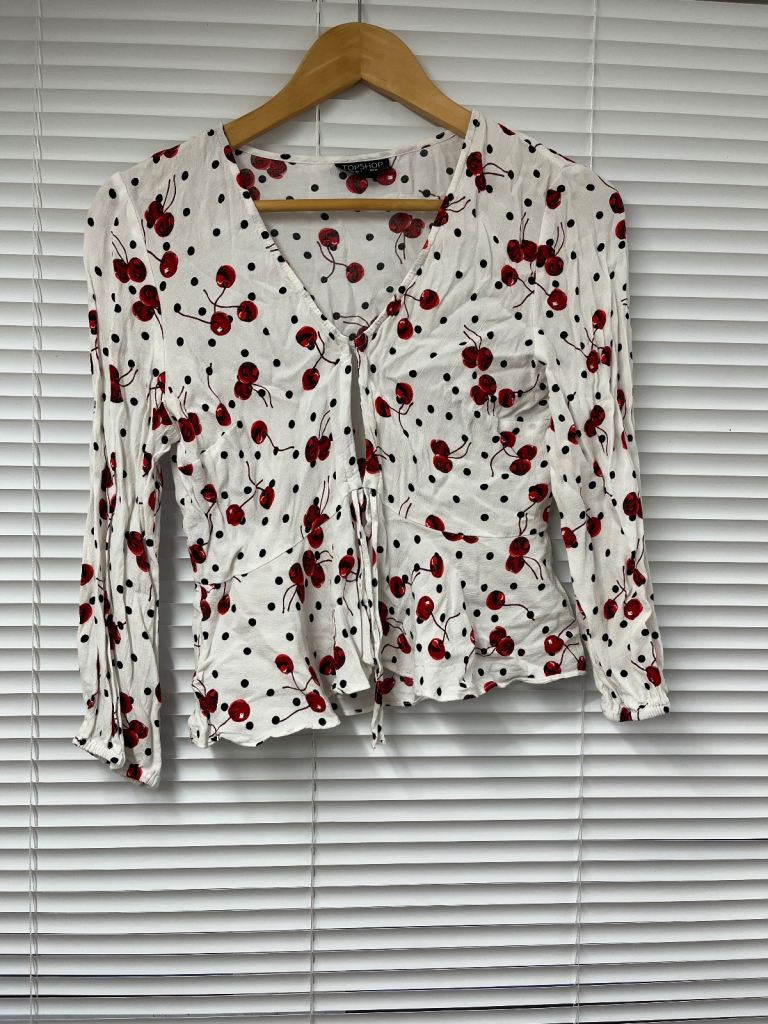 Women's White Cherry Polka Dot Tie Blouse Top Size 10