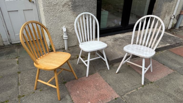 FREE 4 Wooden Spindle-Back Chairs – 1 natural, 3 painted white