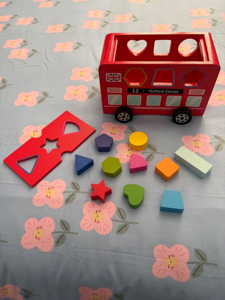 Wooden London Bus Shape Sorter with Blocks – Good Condition