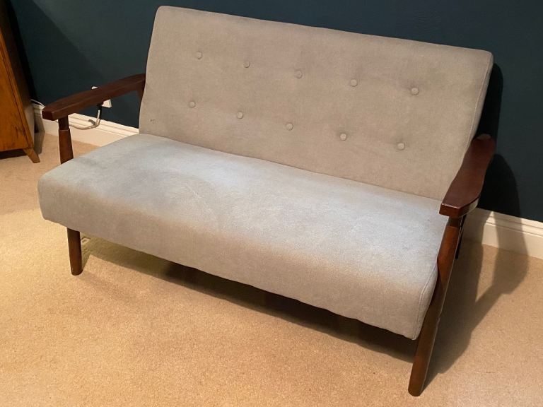 Lovely Two-Seater Sofa – Light Grey Fabric, Mid-Century Style