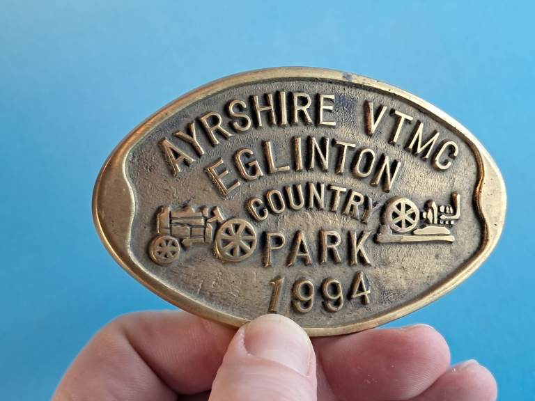 Vintage brass plaque commemorating the Ayrshire VTMC Eglinton Country Park 1994 event.
